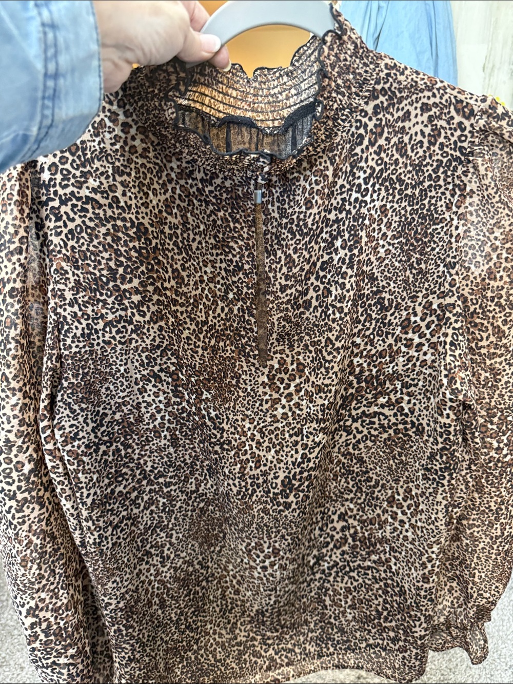Smocked High-Neck Leopard Print Blouse in Brown/Black